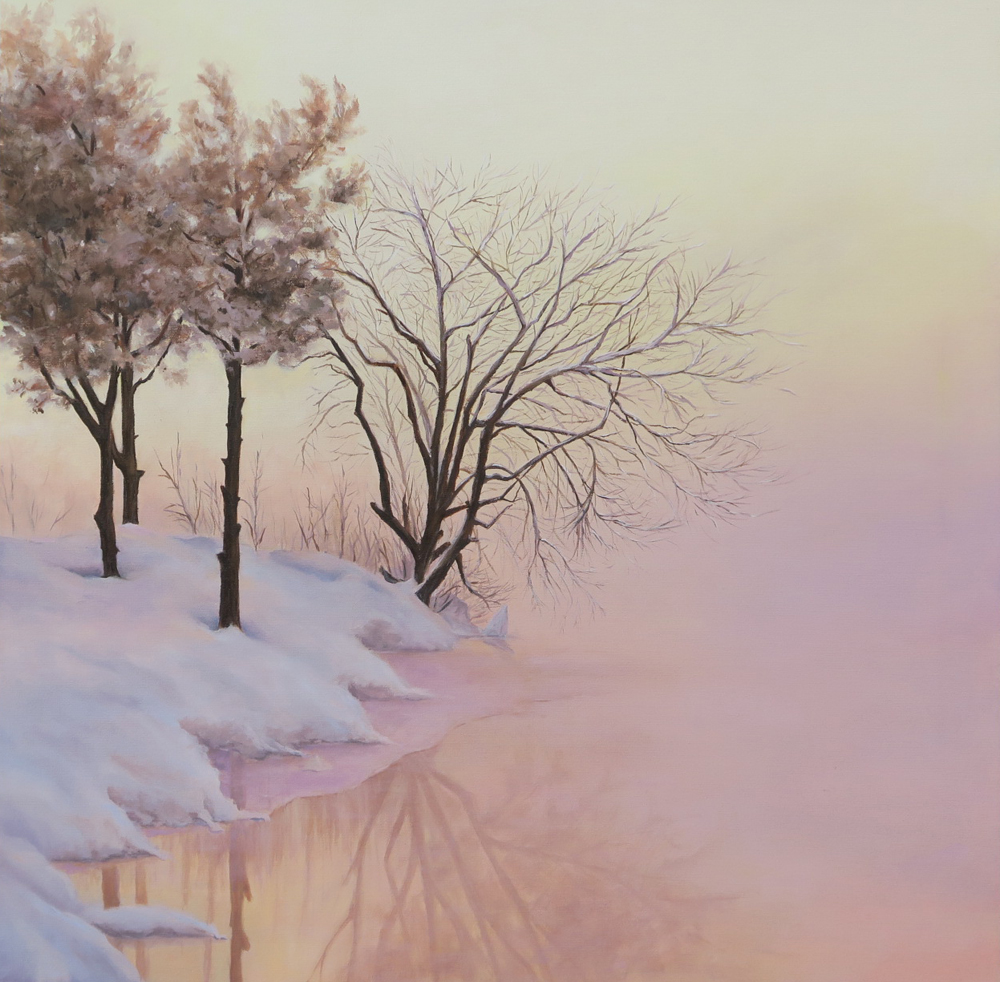 Gino Sauro. Reflets. Scène  hivernal en matinée. 24"x24"