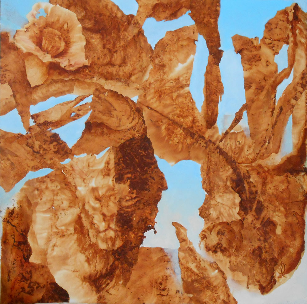 Normand Sénéchal. Série Rust-Art. Rêve opiace. Transfert de rouille et acrylique sur bois.30"X30" - 2017